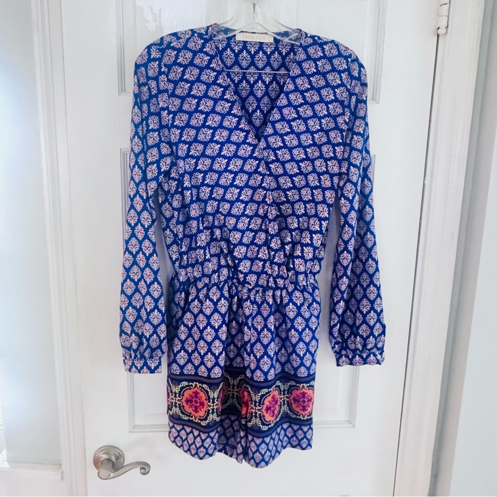 Everleigh Blue Boho Print Romper‎ Long Sleeve Tassel Waist Size S